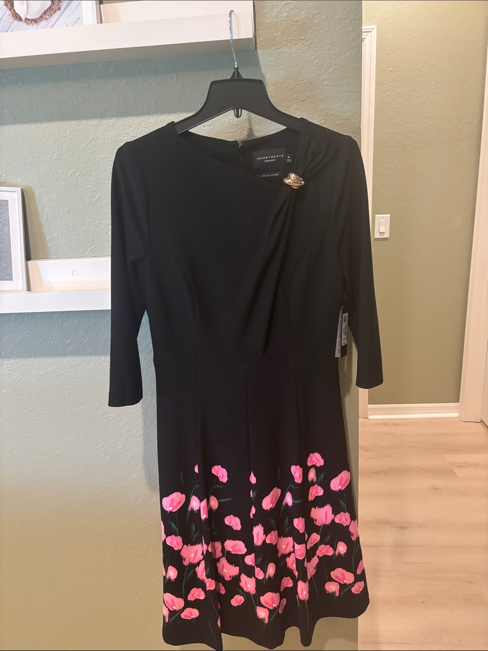 Investments Black Midi Dress with Pink Floral Hem and Brooch